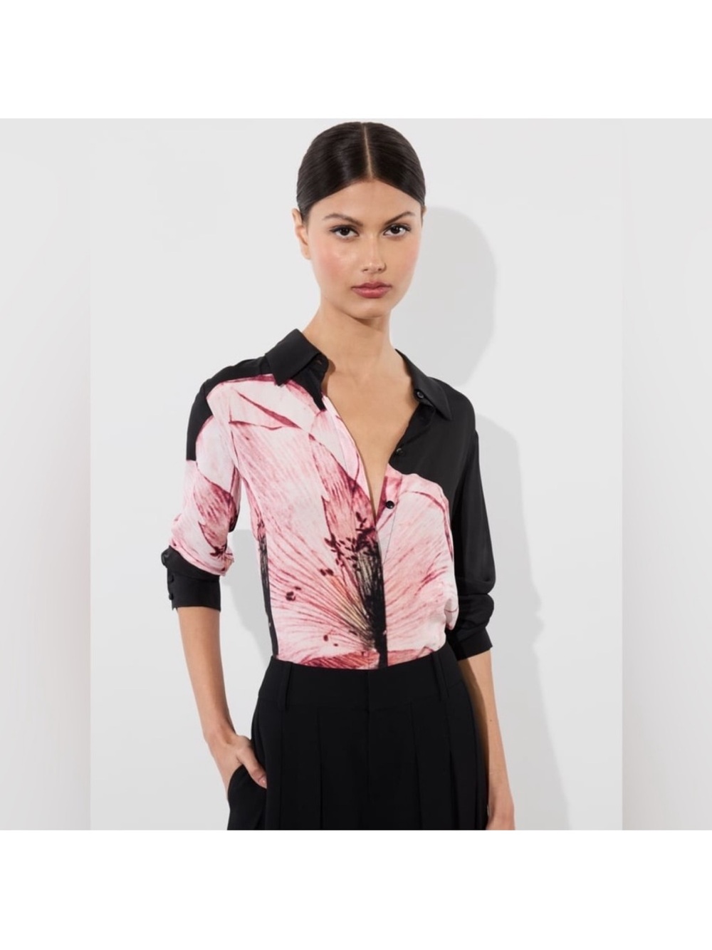 Alice + Olivia Black and Pink Floral Button-Up Blouse